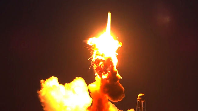 The Orbital Sciences Antares rocket explodes seconds after liftoff