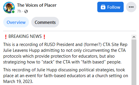 The Voices of Placer Facebook account shared the audio recording of a meeting of faith-based educators on Friday, Sept. 9, 2023. In the meeting, board president Julie Hupp described her strategy for insulating local districts from the influence of the California Teachers Association.